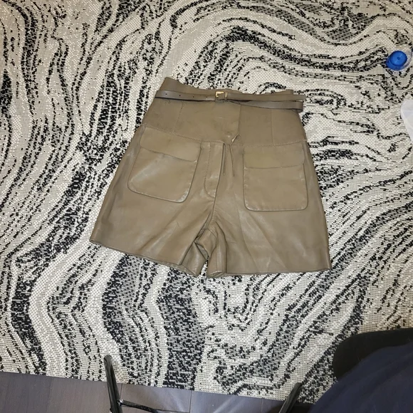 Valentino High-Waist Lamb Leather Shorts in Olive Tan - Picture 1 of 4